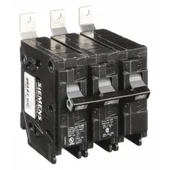 Three-pole miniature circuit breaker rated 30 A at 240V AC, standard type, from the BL Series. Designed for bolt-on mounting in Siemens P1 Panelboards. Provides overcurrent protection in three-phase electrical distribution systems with a maximum interrupting rating of 65kA at 240V AC.