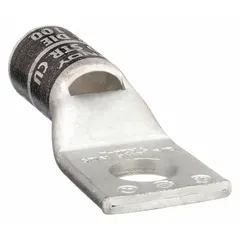 Standard-type one-hole compression lug for terminating 2/0 AWG stranded copper wire to a 5/16 in stud. Constructed of copper for low-resistance connections. Used in power distribution, panel building, and heavy equipment applications.