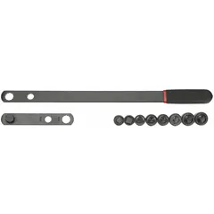 Serpentine belt tool for removing and installing belts on serpentine belt systems. Includes 13mm, 14mm, 15mm, 16mm, 18mm, and 19mm sockets with 3/8" and 1/2" square drivers. Used in automotive and industrial engine maintenance for belt replacement.