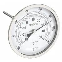 This adjustable-angle thread-mount dial thermometer features a 5-inch dial diameter and a 4-inch stem length. It measures temperatures from -20°F to 120°F (-30°C to 50°C) with an accuracy of ±1% from 41°F to 200°F and ±1.5% otherwise. Suitable for monitoring air or liquid temperatures in HVAC, refrigeration, and industrial process systems