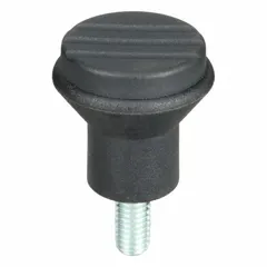 Pull knob with threaded stud for manual operation on machinery, jigs, and fixtures. Features a 25 mm diameter plastic body with a steel M6 threaded stud, 15 mm thread length. Provides a secure grip for pulling, positioning, or adjusting components in industrial equipment.