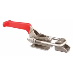 This horizontal U-latch toggle clamp features a manual latch release and includes a latch plate. The horizontal handle style allows for easy operation. Commonly used in jigs, fixtures, and assembly operations for quick, secure workpiece holding in machining, welding, and fabrication applications.