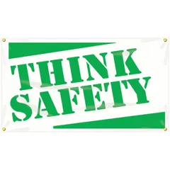 Indoor/outdoor safety banner made of poly sheeting, printed on one side. Nominal size 28 in x 48 in. Suitable for general safety messaging in industrial facilities, warehouses, and construction sites.