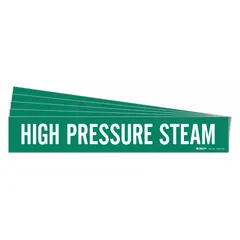 Green adhesive pipe marker with white legend reading 'High Pressure Steam'. Designed for pipes with outer diameter of 8 inches and larger. Each pack contains 5 markers without arrows. Used to identify high-pressure steam lines in industrial piping systems.