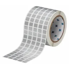 Metalized polyester label roll in silver, precut to 7/16 in x 1/2 in. Compatible with THT series printers. Used for industrial identification and asset tracking in environments requiring resistance to chemicals, abrasion, and high temperatures.