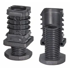 This tube end leveling mount features a round technopolymer body and an M22 male thread. It is used for leveling and stabilizing industrial machinery, conveyors, and workstations by providing adjustable support at tube ends.