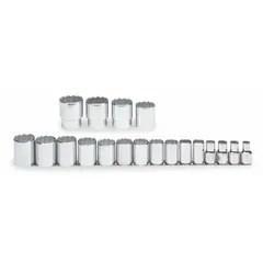 This 19-piece socket set includes SAE standard 12-point sockets with a 1/2 in drive, ranging from 3/8 in to 1-1/2 in. It is used for fastening and loosening hex nuts and bolts in industrial maintenance, automotive repair, and general mechanical work. The set does not include socket bits and is not tether capable.