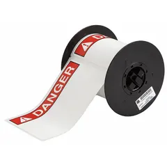 White polyester DANGER-header precut label roll with acrylic adhesive. Includes labels in 4 in x 6 1/4 in and 4 in x 4 in sizes. Compatible with i3300 printer series for on-demand printing. Used to mark hazards on equipment, pipes, or barriers.