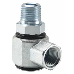Zinc-plated steel 90-degree swivel fitting with 1/4 in female NPTF inlet and 1/4 in male NPTF outlet. Nitrile seal. Maximum operating pressure 3,000 psi. Used in hydraulic systems to connect hoses or tubes while allowing rotation, reducing stress on connections in confined spaces.