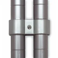 This steel post-clamp connector is designed for use with Super Erecta wire shelving systems. It features a zinc-plated finish in silver and measures 2 3/4 in x 1 1/4 in x 1 in. The connector secures posts to shelves, providing structural stability in storage applications