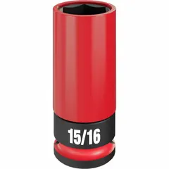 SAE 6-point deep socket with 15/16 in size and 1/2 in drive. Black Phosphate finish. Designed for removing and installing lug nuts on industrial vehicles and equipment, protecting wheel finishes.