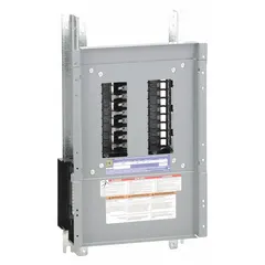 This 100 A main lug convertible panel interior provides 18 spaces for branch-circuit distribution. It accepts QHB, QOB, and QOB-VH circuit breakers and features an aluminum bus. Dimensions are 21 in height by 10 7/16 in width. Suitable for use in commercial and industrial electrical systems.
