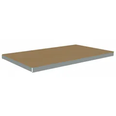 This shelf kit includes four zinc-plated steel beams and an unfinished gray particleboard deck. Designed for boltless shelving systems, it provides a flat surface for storing boxes, bins, or light pallet loads in warehouses and industrial storage areas.
