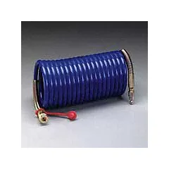 This 50 ft coiled airline hose is made of blue nylon with a 3/8 in inside diameter and 1/4 in male pipe thread fittings. Rated for a maximum pressure of 125 psi, it is used to supply breathable air from a compressed air source to supplied-air respirators in industrial environments.