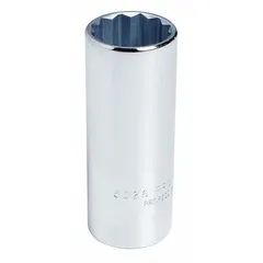 This 1/2" drive hand socket features a 12-point deep design with a 1 3/16" socket size and chrome finish. It is used for fastening and loosening hex fasteners in applications such as automotive repair and industrial maintenance.