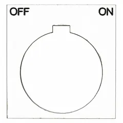 Square non-metallic plastic legend plate for 30 mm panel-mounted push-button stations. White background with black Off-On legend in English. Overall dimensions 1 13/16 in height by 1 13/16 in width. Provides clear operator guidance for industrial control panel applications.
