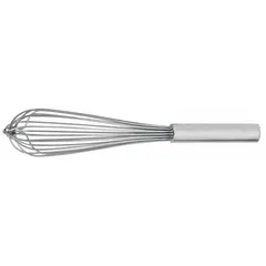 This whisk features an 18-inch overall length and a stainless steel handle in silver. It is designed for blending, stirring, and aerating ingredients in commercial and home kitchens. Not dishwasher safe and not NSF certified.