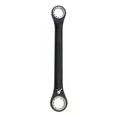 This SAE double-end ratcheting box end wrench features 3/8 in and 7/16 in head sizes with a 12-point design and reversing mechanism. With a 6 in overall length, it is suited for tightening or loosening fasteners in confined spaces. The black chrome finish provides corrosion resistance.