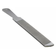 Rectangular file with bastard cut, double-cut and single-cut faces, and three cut edges. Measures 8 inches without tang, 1 inch wide, and 3/16 inches thick. Used for shaping, smoothing, and deburring metal surfaces in general metalworking and fabrication tasks.