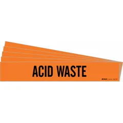 Adhesive pipe marker for identifying pipes carrying acid waste. Orange background with black legend text. Fits pipes with outer diameter of 8 inches and larger. Supplied in a 5-pack without directional arrows.