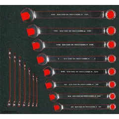 This 15-piece SAE 12-point ratcheting combination wrench set includes sizes from 5/16 in to 1-1/4 in. The wrenches have a polished finish and are made of polyethylene. A foam tray is included for organized storage. Suitable for tightening and loosening fasteners in maintenance and repair tasks.
