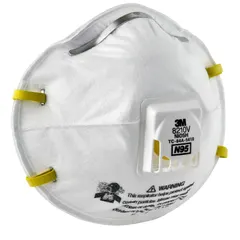 White, universal-size N95 respirator with exhalation valve, dual non-adjustable headstrap, and metal nose clip for a standard face seal. NIOSH-rated N95. Suitable for reducing exposure to airborne particles in industrial and construction environments.