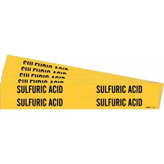 Yellow adhesive pipe marker with black legend text reading 'Sulfuric Acid,' designed for pipe outer diameters from 3/4 to 2-3/8 inches. Each pack contains 5 markers (4 pipe markers included) without arrows. Used to identify pipes carrying sulfuric acid in industrial facilities, chemical plants, and refineries for safety and labeling compliance.