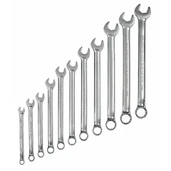 This 11-piece metric combination wrench set from PROTO features 12-point ends for use on hex fasteners. The wrenches are made of alloy steel with a chrome finish for corrosion resistance. Head sizes range from 7 mm to 19 mm. A storage component is included.