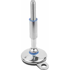 This hygienic male leveling mount features a polished finish, round base, and M20 thread size with 100 mm length. It supports a load capacity of 25 kN and includes mounting holes for secure installation. Used for leveling and stabilizing machinery in environments requiring cleanliness and precise alignment.