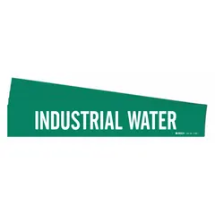 Green adhesive pipe marker with white legend reading 'Industrial Water'. Fits pipe outer diameters from 2-1/2 to 7-7/8 inches. Sold in a pack of 5. Used for identifying industrial water piping systems in facilities such as plants and commercial buildings.
