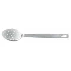 This 15-inch serving spoon is made of stainless steel with a silver finish. Its long handle provides distance from hot liquids, making it suitable for basting meats or stirring large pots. It is not NSF certified.