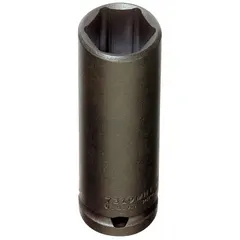 SAE thin wall impact socket with 1/2 in drive and 15/16 in socket size. Features a 6-point deep profile and black oxide finish. Designed for use with impact wrenches in heavy-duty fastening applications requiring high torque and clearance.