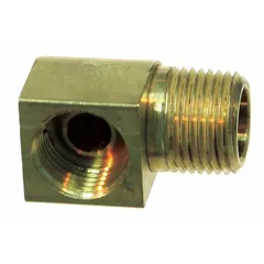 Threaded brass adapter for connecting 1/2" OD tubing to a 3/8" pipe thread port. Features a 3/4"-18 thread size A and complies with DOT/SAE J1402A standards. Used in air brake and fluid power systems on commercial vehicles and industrial equipment.