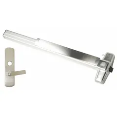 This rim-type exit device features a touchbar for push-pad operation and a lever outside trim. Constructed with a chrome finish, it is designed for doors up to 4 ft wide. The device is ADA compliant, suitable for commercial egress applications where accessibility is required.