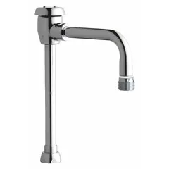 Single-bend swivel spout made of brass with polished chrome finish. Features laminar flow and UNEF connection. Includes mounting hardware. Suitable for commercial and institutional washroom faucets.