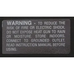 Warning label for heat gun hardware. Displays safety warnings to help operators identify hazards and follow proper usage guidelines. Used on compatible MASTER APPLIANCE equipment to ensure compliance with safety labeling requirements.