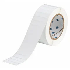 White matte precut label roll measuring 1/2 in x 2 in. The destructible tamper-indicating material fractures upon removal, leaving a visible residue to deter unauthorized access. Designed for use with the Brady BBP81 printer. Suitable for security asset identification and tracking in industrial environments.