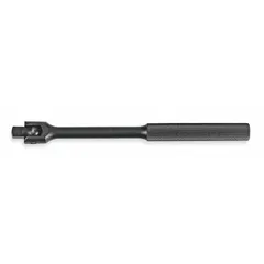 This flex-head breaker bar features a 3/8 in drive and 8 1/2 in length, constructed from alloy steel with a black oxide finish. The knurled grip provides secure handling. Used for loosening or tightening fasteners in confined spaces where a flex-head design offers improved access.