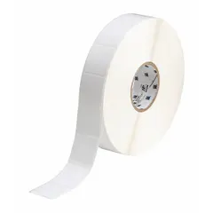 Nylon wraparound label for permanent identification of wires and cables in control panels, electrical cabinets, and data centers. Black on white, 1 3/4 in x 1 7/8 in, for 20 AWG to 16 AWG wire gauge. Compatible with BBP81 printer series; requires IP-R4302 ribbon.