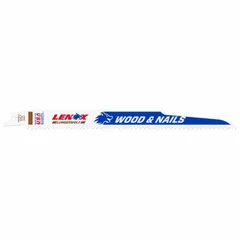 Reciprocating saw blade for cutting nail-embedded wood. 9 in length, 3/4 in width, 0.5 in thickness, 6 teeth per inch. Rigid tapered design for straight cuts in demolition and renovation.