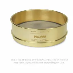 This test sieve features a stainless steel screen and a brass frame, with an 8-inch outside diameter and 2 5/8-inch height. It meets ASTM E11 standards and has a US Standard Screen Size of #8. Used for particle size analysis and material classification in laboratory and industrial quality control applications.