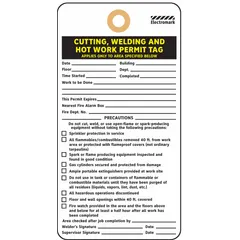 White pre-printed header tag for documenting and authorizing hot work permits. Supplied in a 25-pack. Used in industrial settings to record cutting, welding, and hot work activities for safety compliance.
