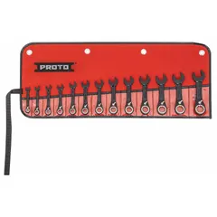 This 13-piece metric wrench set includes 12-point ratcheting combination wrenches with head sizes from 6 mm to 19 mm. The wrenches feature a black chrome finish and are supplied in a tool roll for organized storage. Suitable for tightening and loosening metric fasteners in industrial maintenance, assembly, and repair applications.