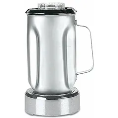 This 32 oz stainless steel blender container assembly includes a lid and blade, designed for use with WARING COMMERCIAL HGB150 blenders. The black/silver finish suits commercial kitchen, bar, and foodservice environments for blending beverages, sauces, and purees.
