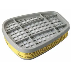 Yellow color-coded bayonet-mount air-purifying cartridge for use with 3M 6000, 6500, 7500, and FF-400 series reusable respirators. NIOSH approved for protection against acid gases and organic vapors. Suitable for industrial environments such as chemical processing, painting, and laboratory work.