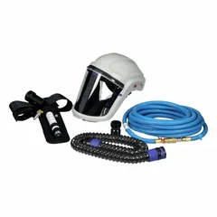 The 3M Versaflo V-100-PSK is a partial supplied-air respirator assembly for painting applications. It includes a PVC helmet with industrial interchange fittings and is compatible with an ambient air pump or compressed air cylinder as the air source.