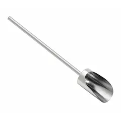 This stainless steel hand scoop is suited for manual material handling tasks requiring hygiene and corrosion resistance. With a 33-inch overall length and 5-inch width, it facilitates transfer of powders, granules, or liquids in food processing and industrial environments.