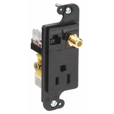 HUBBELL Combination Device: 5-15R, Black, 125V AC - Straight-Blade Outlets & Data Ports