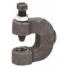 This C-clamp style beam clamp is made of malleable iron and designed for use with 5/8 in threaded rod. It has a 3/4 in throat depth and a load capacity of 440 lb. The clamp includes a locknut and requires an installation torque of 60 in-lb. Commonly used to suspend threaded rod from steel beams in piping, HVAC, and electrical installations.