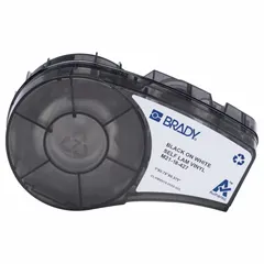 Vinyl, white matte precut label roll cartridge measuring 3/4 in x 1 in. Designed for wrapping around 22 AWG to 16 AWG wires. Compatible with M210-LAB printer series; requires R4500 ribbon. Used for wire identification in electrical and data-communications applications.